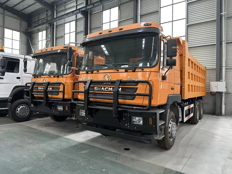 Orange SHACMAN dump trucks inside the warehouse